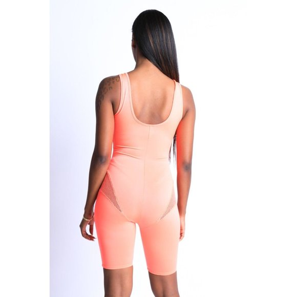 Women's Sexy Sleeveless Tied Front Fishnet Detailed Shorts Romper Jumpsuit Coral - Picture 6 of 12